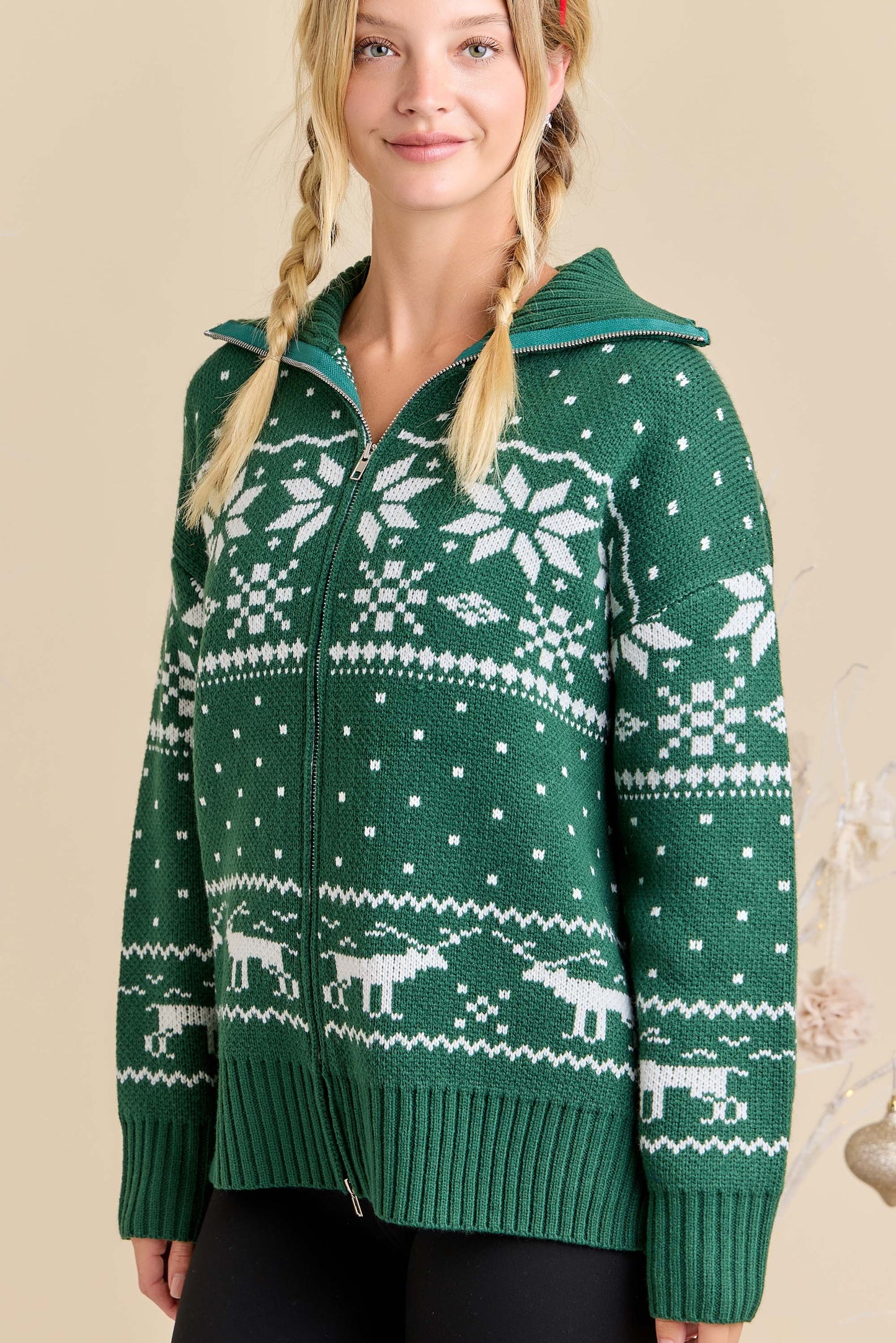 Christmas Print Sweater Zip-Up Jacket