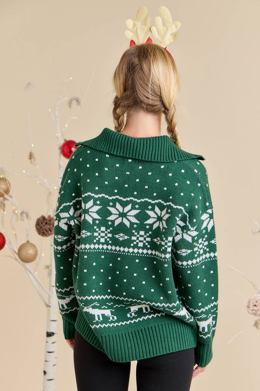 Christmas Print Sweater Zip-Up Jacket