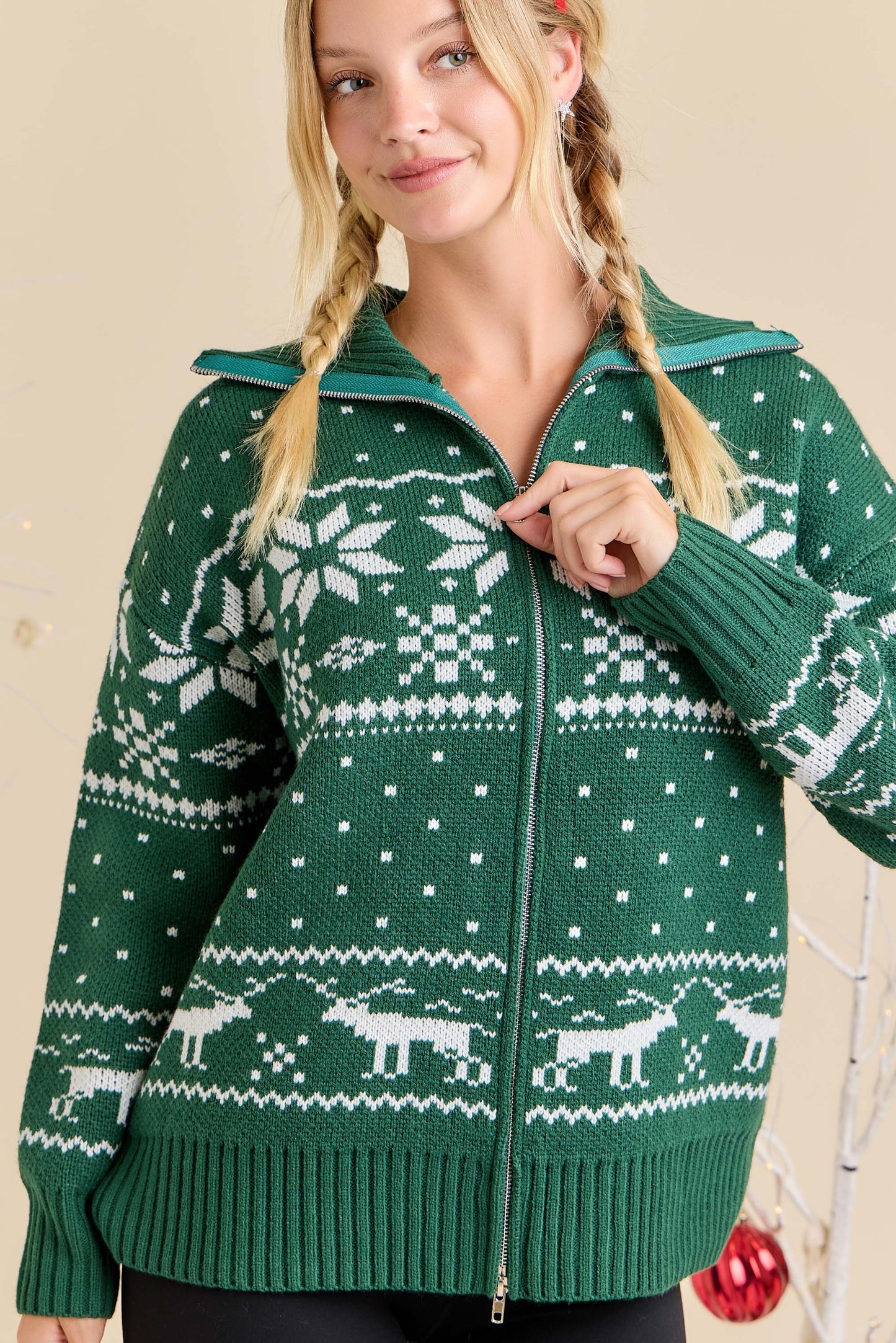 Christmas Print Sweater Zip-Up Jacket
