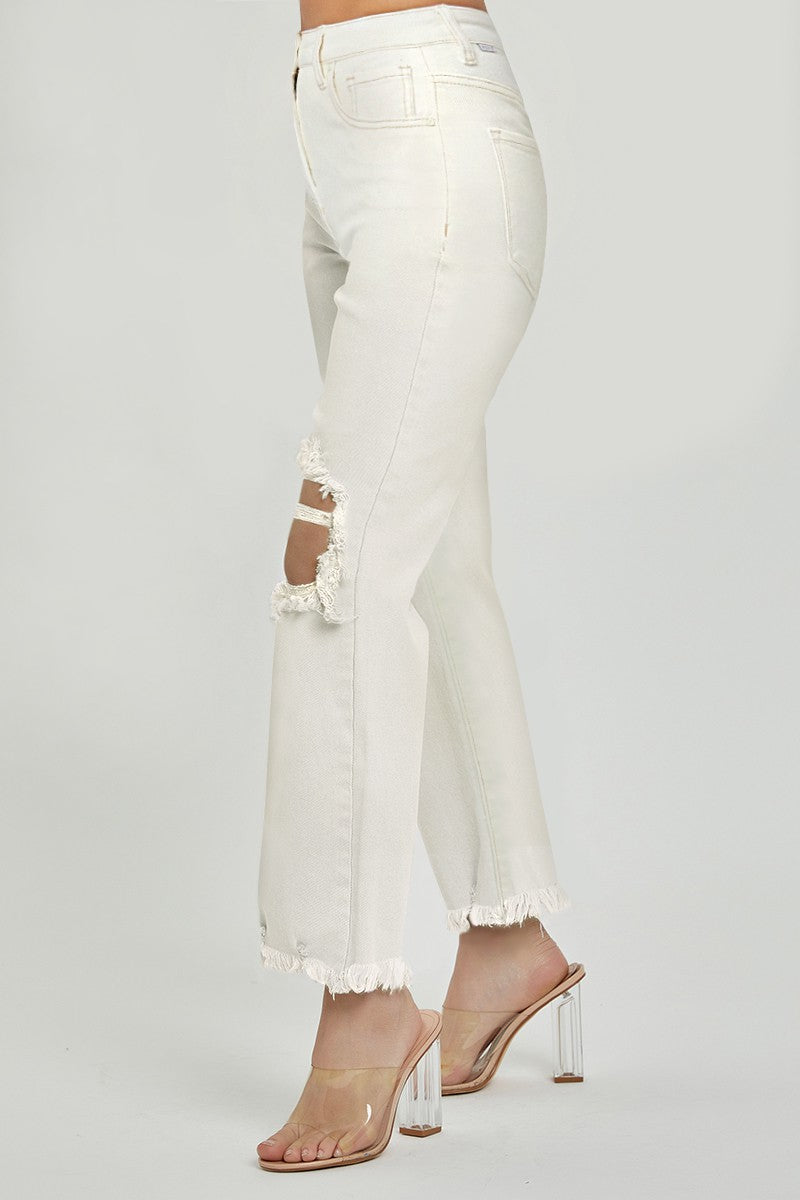 High Rise Distressed Straight Jeans Cream