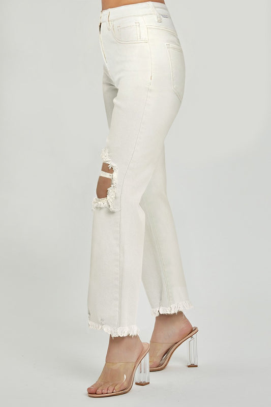 High Rise Distressed Straight Jeans Cream