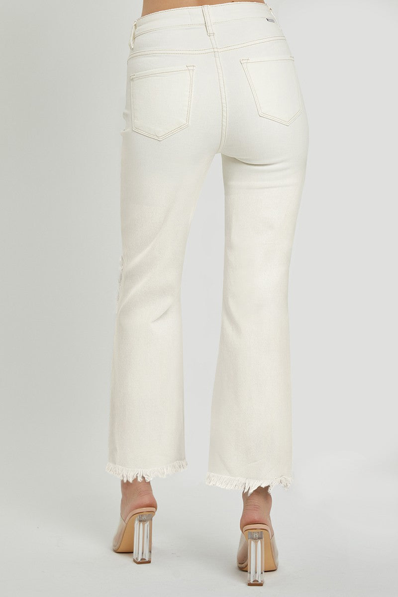 High Rise Distressed Straight Jeans Cream