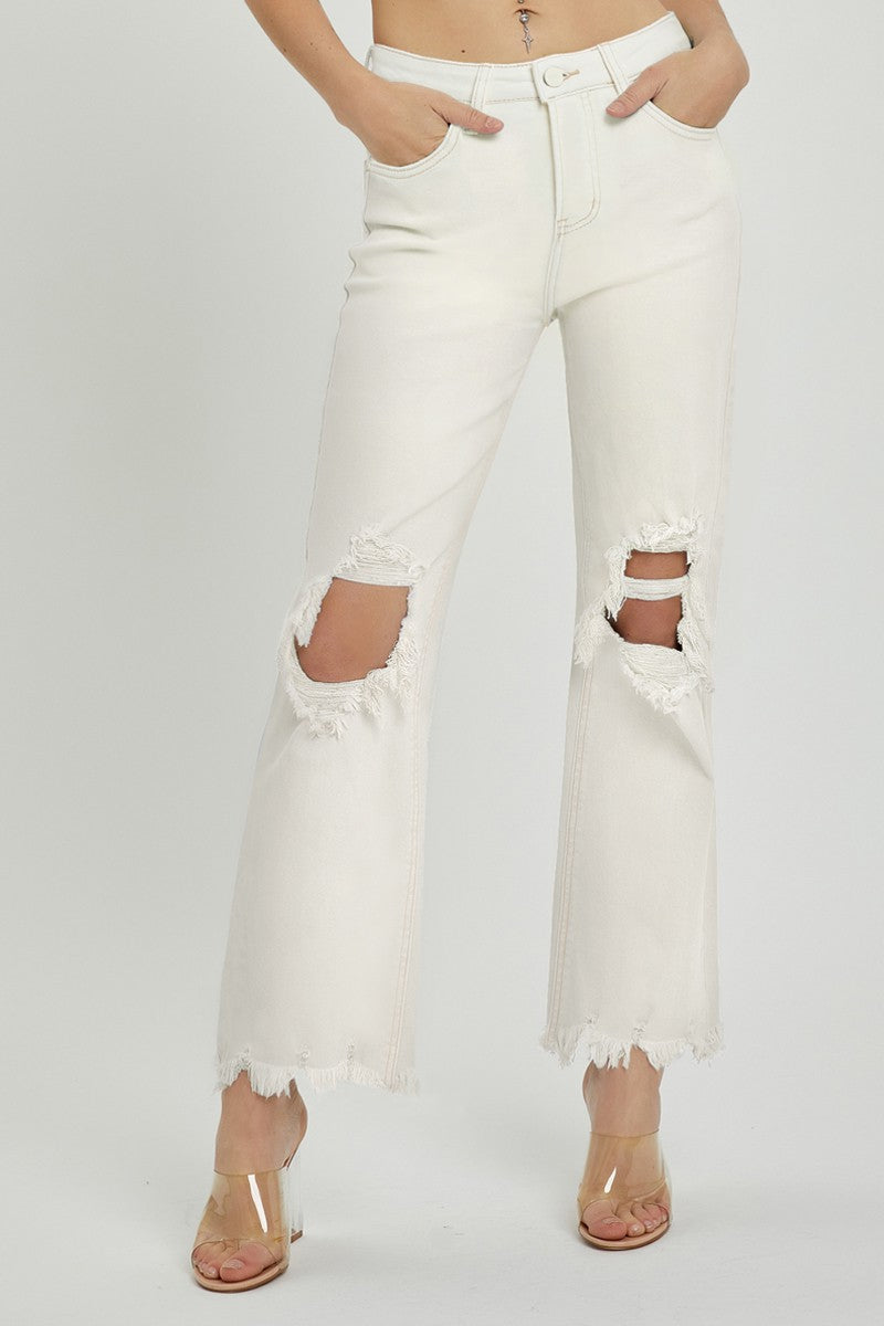 High Rise Distressed Straight Jeans Cream