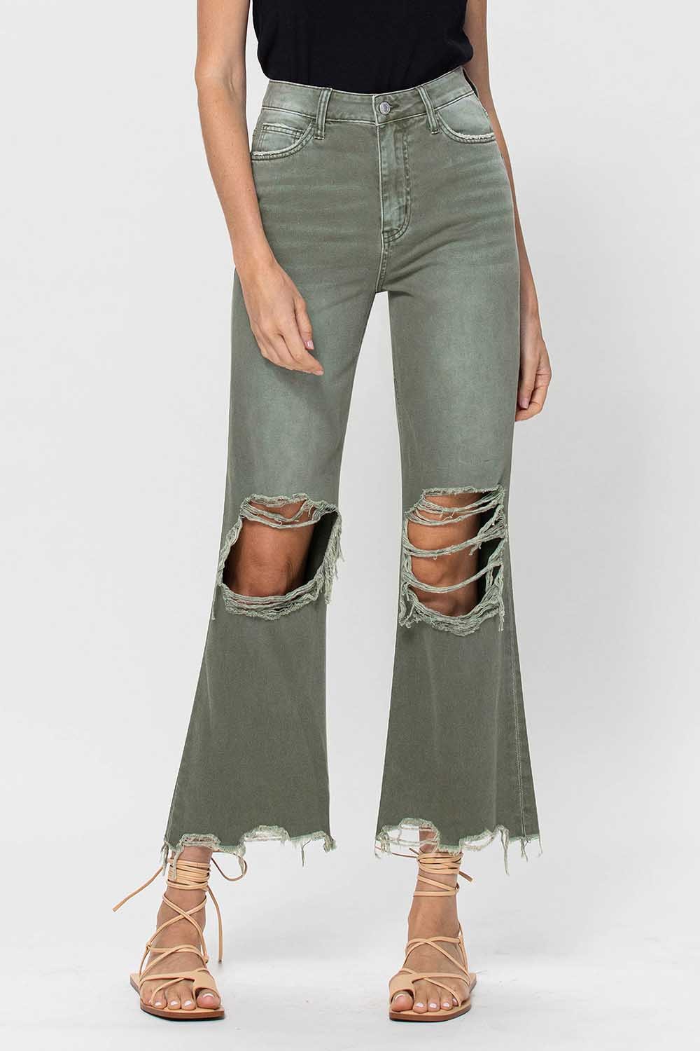 90's Vintage High Rise Crop Flare Jeans Olive